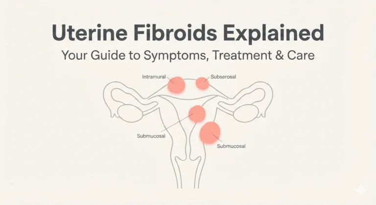 An illustrated overview of uterine fibroids, showing their location on a uterus diagram, with titles "Uterine Fibroids Explained" and "Your Guide to Symptoms, Treatmentand Care".