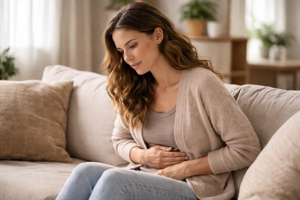 A woman sitting on a couch gently holding her lower belly, while experiencing possible uterine fibroids symptoms