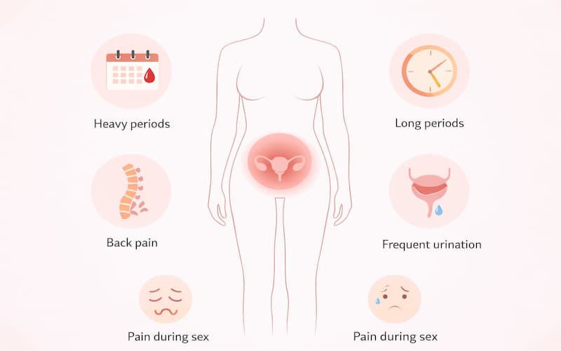 Infographic illustrating common uterine fibroids symptoms including heavy periods, long periods, frequent urination, back pain, and pain during sex, with icons highlighting affected areas of the female body.
