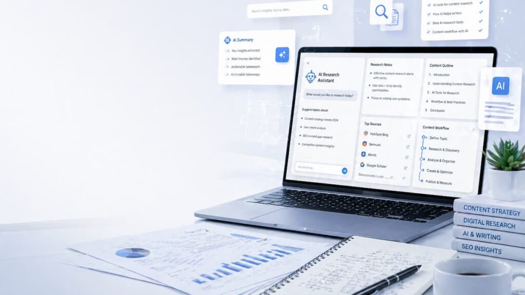 5 ways to use AI tools for content research, showing AI-assisted writing, note organisation, and content workflow.