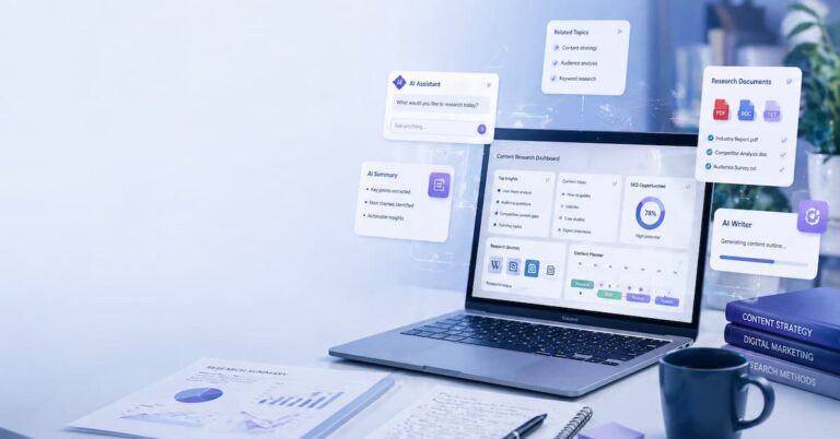 5 ways to use AI tools for content research, showing a laptop, research notes, and AI writing tools.
