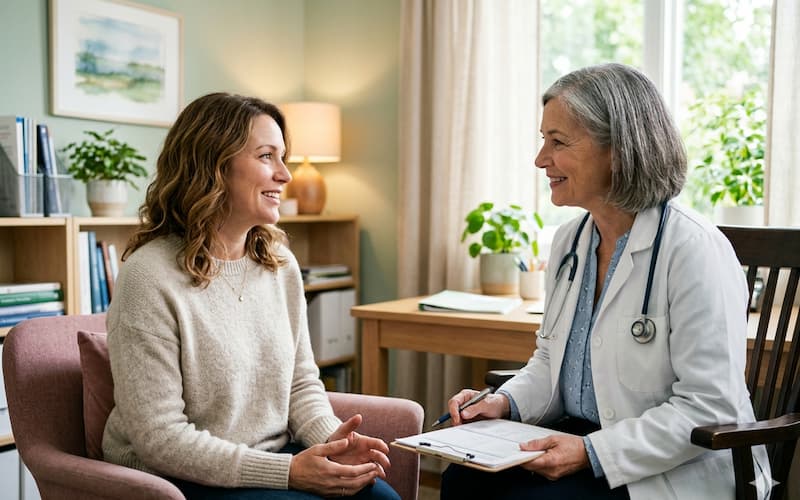 
A woman in her 40s talking to a compassionate female doctor in a bright clinic, feeling relieved and hopeful while discussing her uterine fibroids symptoms and treatment options.
