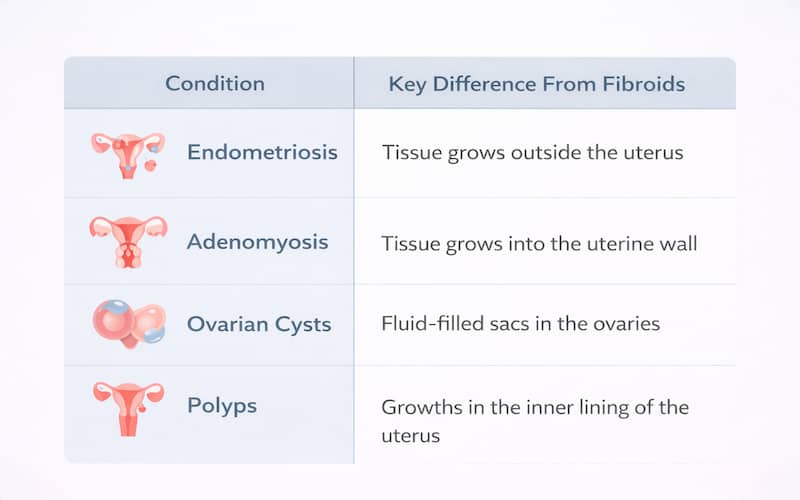 Comparison table showing key differences between uterine fibroids symptoms and similar conditions like endometriosis, adenomyosis, ovarian cysts, and polyps for easy understanding.

