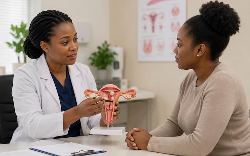 doctor explaining fibroid myomectomy procedure to a patient considering fertility preserving surgery