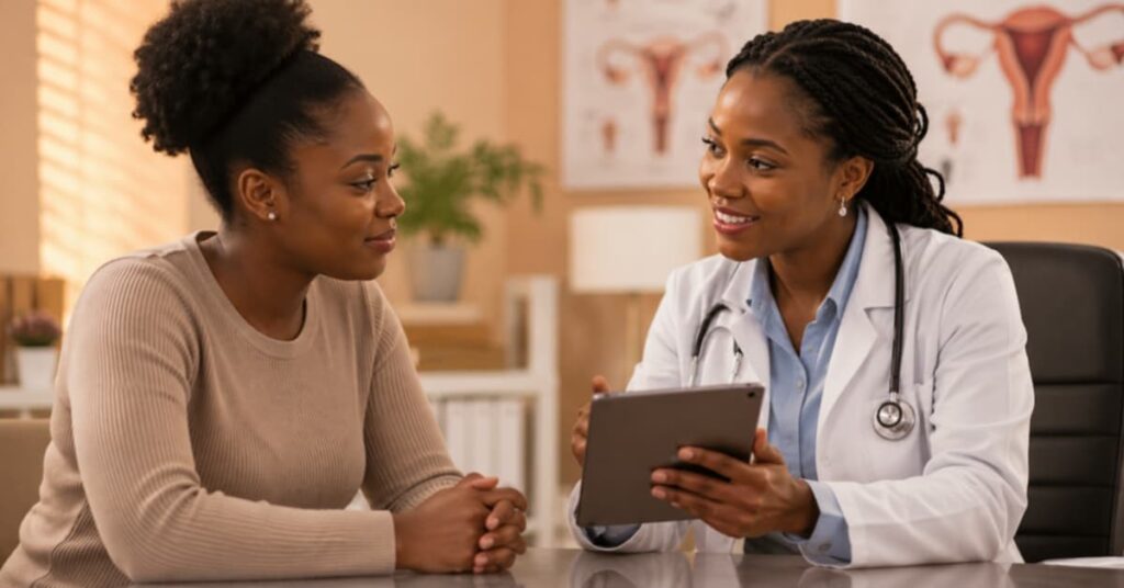 woman in a doctor's office discussing fibroids and fertility options