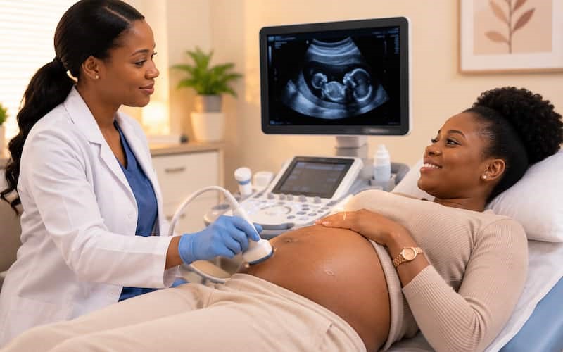 pregnant woman having an ultrasound scan to monitor uterine fibroids during pregnancy