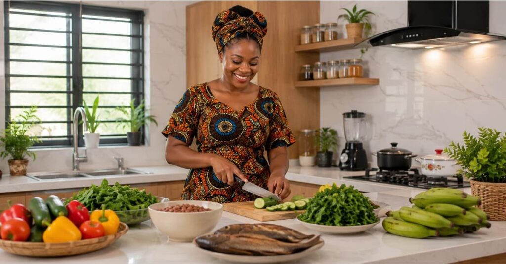 Nigerian woman preparing healthy Nigerian food for weight loss, including vegetables, beans and grilled fish