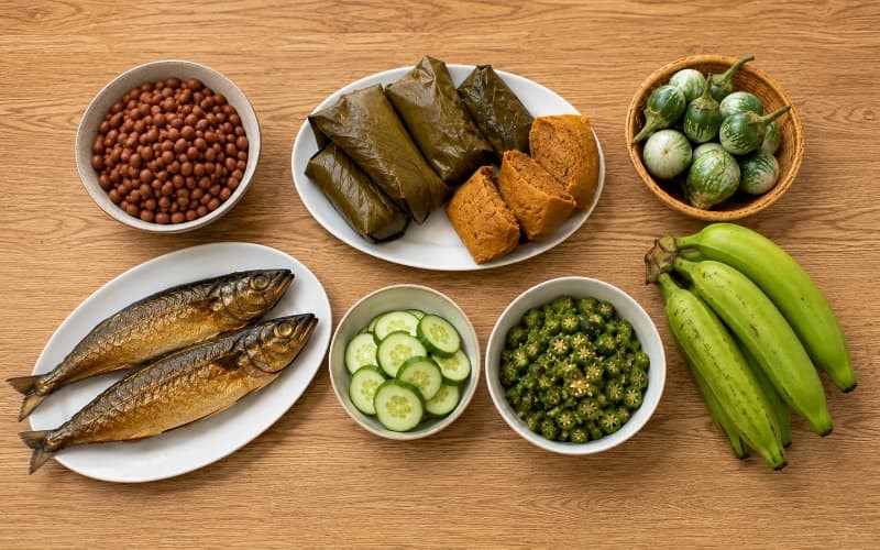 healthy Nigerian foods for weight loss including beans, moi moi, fish, vegetables, okra, and unripe plantain on a table