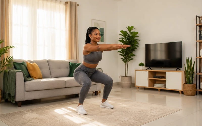 Nigerian woman doing bodyweight exercises at home for weight loss without a gym membership