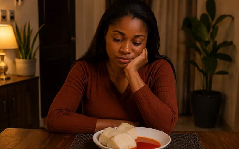 Nigerian woman looking thoughtfully at her plate of boiled yam and palm oil considering healthy eating choices