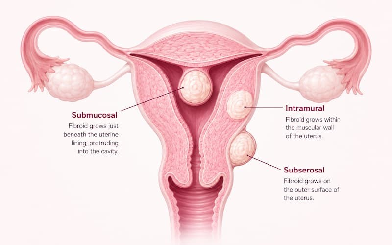 diagram showing the three types of uterine fibroids: submucosal, intramural and subserosal inside the uterus